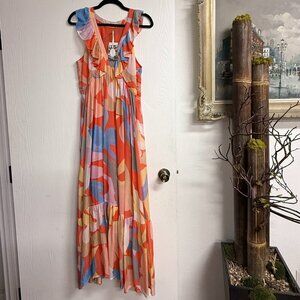 Oliphant Tuckernuck Moma Ruffle Printed Maxi Sundress Orange Blue Small